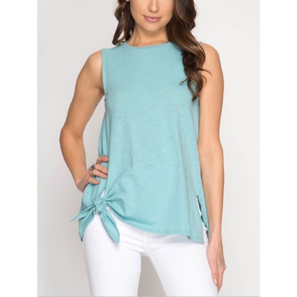 Amor Adore Tops - Sleeveless Slub knit Seafoam Side Knot Top
